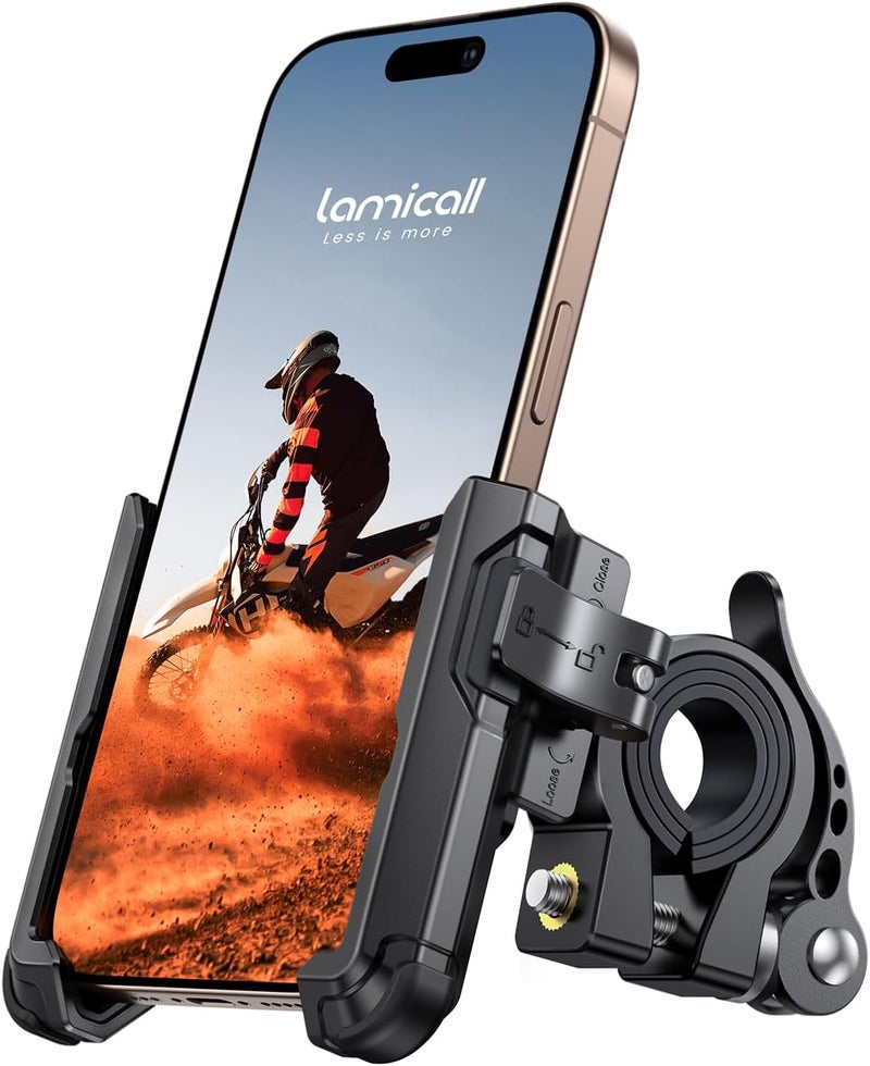 Lamicall Motorcycle Bike Phone Mount - [No Block Camera] [1s Lock] Bike Cell Phone Holder Clamp, Bicycle Scooter Handlebar Clip, for iPhone 17 16 15 14 Pro Max, Galaxy S25 S24 Ultra, 4.7-7" Phones - Image 1